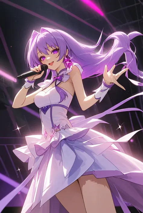 A girl with long light purple hair and pink mesh、Imagine yourself singing on stage。It shines like a jewel。Wearing a cute outfit、She smiles confidently in front of her fans.。

Around her、Often sparkling effects fly around、It&#39;s as if she is shining like ...