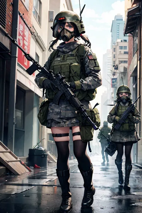 (masterpiece), 4K,{{{2 women}}}, Black Hair,Camouflage helmet,boots,Random Hairstyles,((On alert )),rifle,Shooting from afar,Camouflage military uniform,Camouflage skirt,gas mask,In urban warfare,((Boarding the helicopter)),