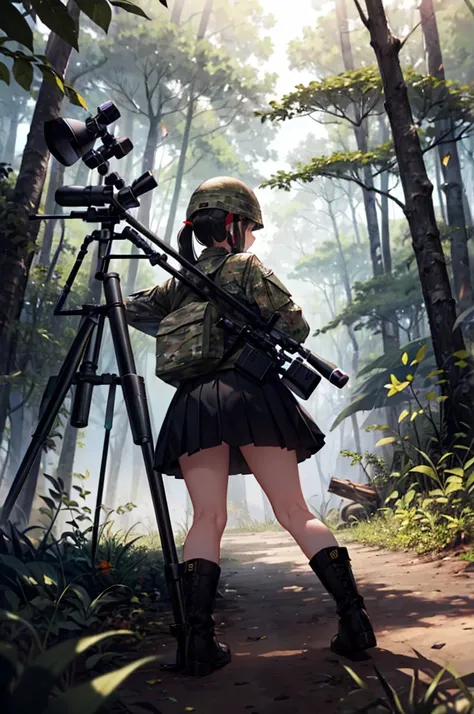 (masterpiece), 4K,{{{2 women}}}, Black Hair,helmet,boots,Random Hairstyles,((Sniper )),rifle,Shooting from behind,Camouflage military uniform,skirt,In the forest,((Face down sniper)),White panties