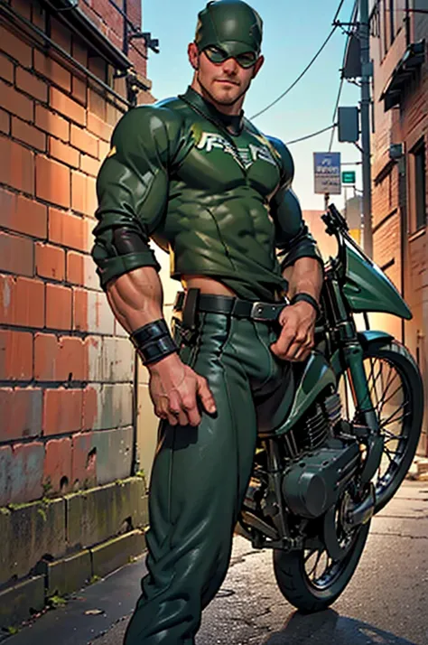 32k, high quality , detailed face , detailed hands , detailed muscles detailed motorcycle , (((stephen amell))) standing near his (((motorcycle 1.2))), posing in a street ,standing with spread legs, showing his muscles, shirtless wearing a very very low da...