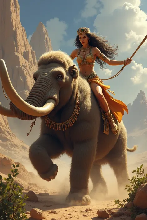 powerful beautiful woman from the Mesopotamian period riding a real proportion detailed giant mamuthus Primigenius  in attack mode. Very detailed, epic, realistic