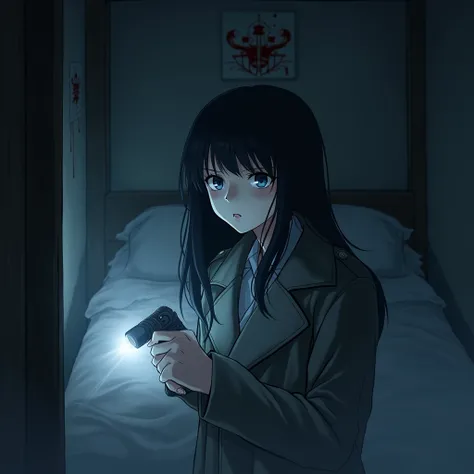 1girl, perplexed face, expressive blue eyes, black hair, black , she lights up with a flashlight, dressed in a trench coat, in an old japanese house at night, above the bed, there are blood stains and fog in background, detail richness, masterpiece, best q...