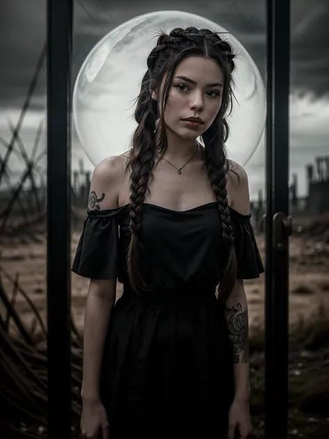 photo of miranda cosgrove angulo medio, ((style dark fantasy)),in a gothic outfit, tattooed arms, apocalyptic scenery, solo, lon...