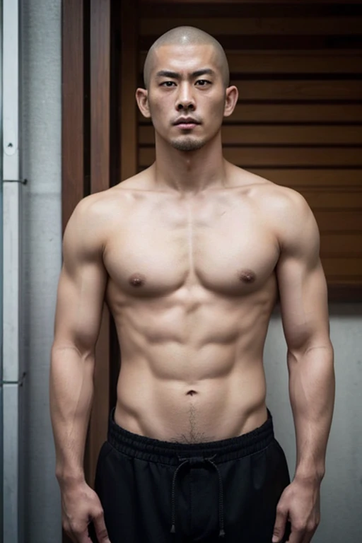 Japanese men　Completely naked　Naked　Muscular body　Shaved Head　Jail　Standing posture　Men only　Young man　Strong body　yakuza　whole body　Glaring at me　A police officer is beside him