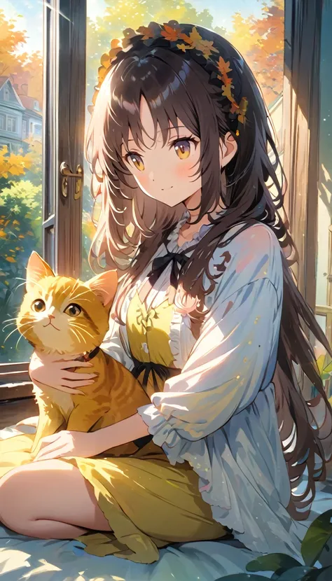 masterpiece、beautiful、Very detailed、8k、A pretty woman is sitting on the bed in a room、Kittens frolicking nearby.、refreshing morning atmosphere、Scenery from the window with autumnal hints、Colorful worldview、Cute Anime Girl Portrait、Cute cat anime visuals、Se...