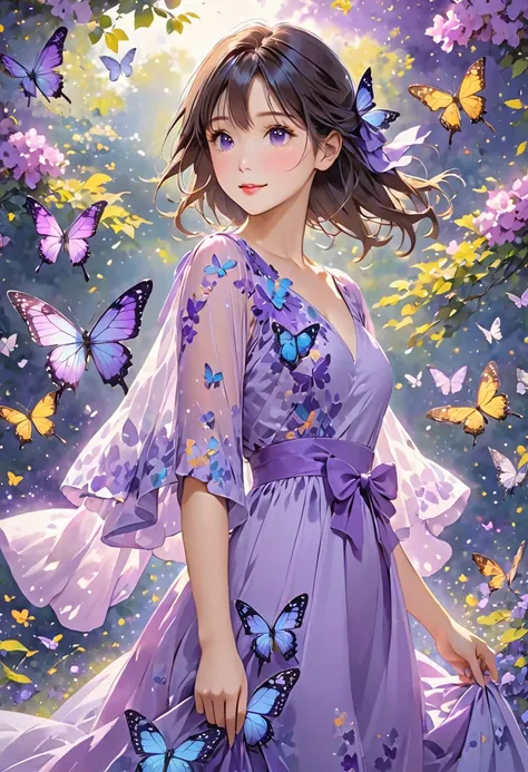 One girl in a light , purple butterfly sleeve dress