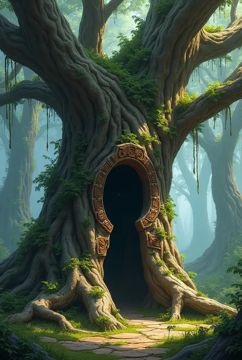 many concept art of stylized and weird small  keyhole carved into tree trunk