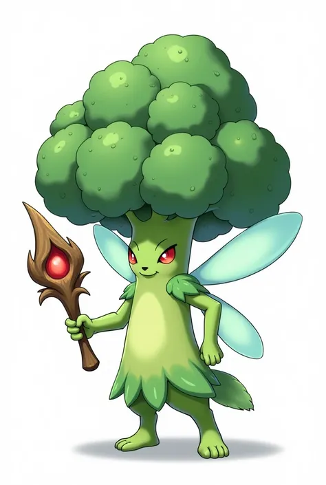 Hi, AI make a fairy-type plant starter pokemon. He is a big, strong,broccoli without exaggeration. He has fairy wings. He has a big wand made of a brown magic tree trunk. Use a white background. The drawing style is in the pokemon style.