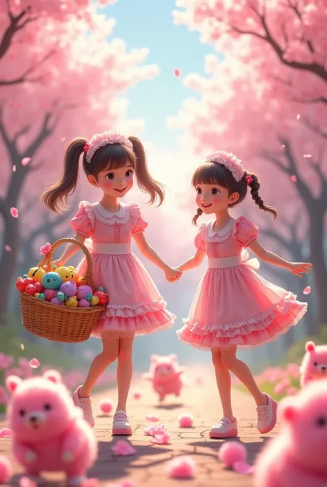 ((Highest quality)), ((masterpiece)), (detailed), (4K photo quality)、Realistic photo、An innocent smile、2 female、Bright daylight natural light、Pink maid outfit、Twin tail hairstyle、Pink Hair Color、A little dancer dancing、Have a big basket、The basket contains...