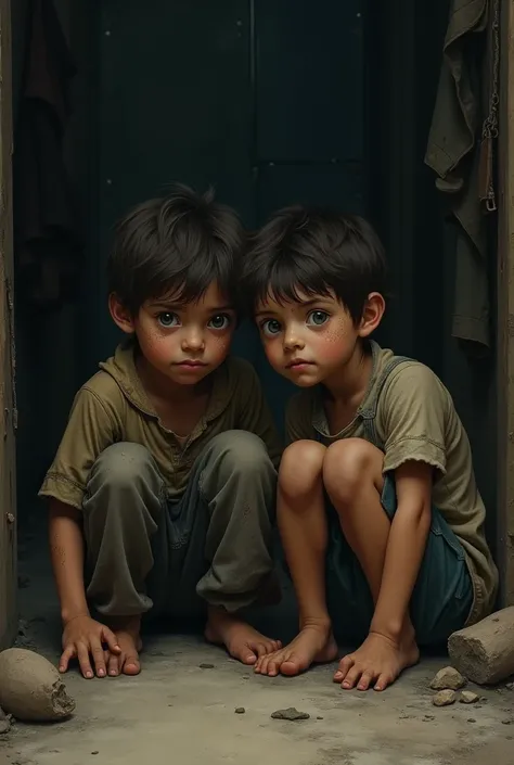 Two sad little boys in dirty clothes, one brown with green eyes and the other brown with brown eyes, both in a dark room on the floor 