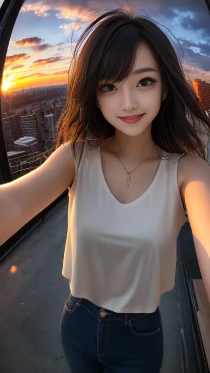 xxmixgirl,One Girl, Fisheye Lens, Selfie,Strong Wind, Messy Hair, sunset, Cityscape, (Aesthetics and atmosphere:1.2), Black Hair,smile, Film Girl, Short top shirt, Open your chest wide,