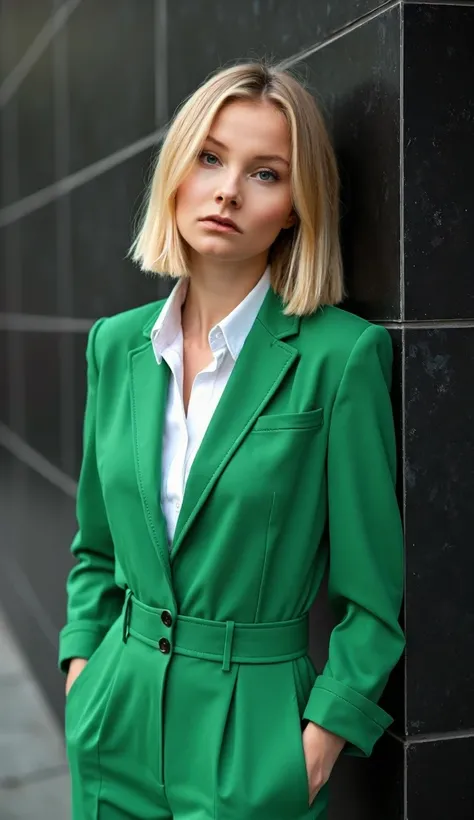 A natural blonde woman with short hair down to the nape of her neck, red lipstick on her lips, blue eyes, wearing a green jumpsuit over a white shirt, is leaning in front of a ((black tile wall)) posing for a photo her blue eyes stand out with the beauty o...