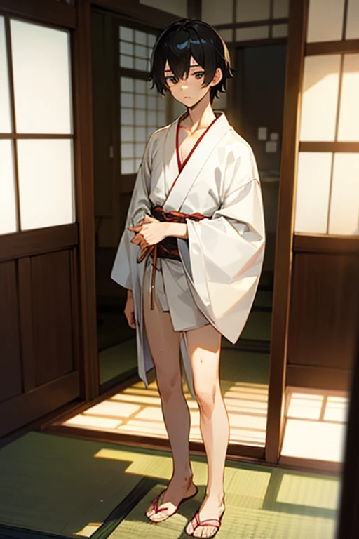 Japanese-style room、kimono、((Open))、naked、(between legs)、(Hand hiding)、Elementary school boy、tall、Handsome、Sweat、(Standing posture)