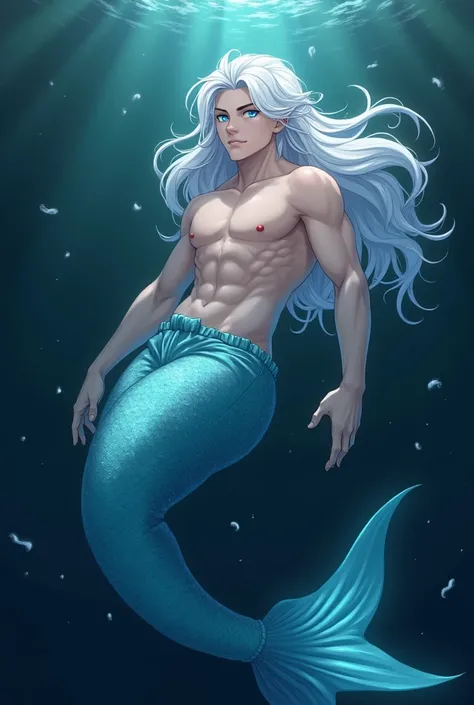 An anime style merman, pale skin and white hair, with electric blue eyes and a calm expression shirtless with a blue fin with black gradient