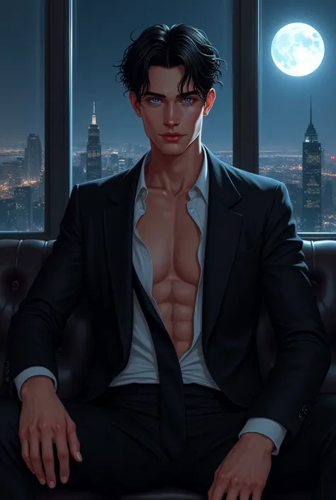 realistic drawing, an extremely handsome 20 year old young man, clean skin, black hair, blue eyes, full lips, wet black hair, conceited, straight nose, marked jaw, Small ears, with a black suit, with a little bare chest, and the tie untied, super sexy, a p...