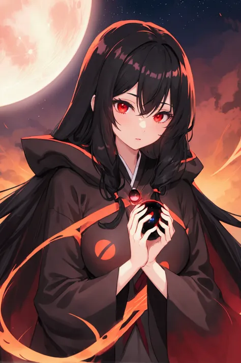 Sexy anime girl with long black hair wearing a black hooded cloak, holding red glowing orbs in her hands with a dark mysterious background with a bright moon. 