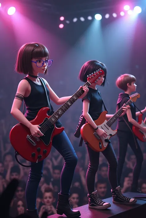 Make a realistic image of a rock group where:
• There are 4 people on a stage with instruments and an audience • The first person must be a brunette girl, with medium short brown straight hair, with purple glasses with a bit of turquoise.
• The second pers...