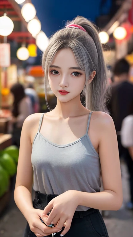 One Girl、Gray hair、Attractive eyes、Shortcuts、ponytail、Fuller lips、camisole、Beautiful Skin、at night、Taiwanese street food、Stifling heat、Everyday City、RAW Photos、Highest quality、ultra High resolution、High resolution、masterpiece:1.3、８ｋ、【Professional photograp...