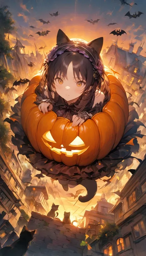 ((Highest quality)), ((masterpiece)), (detailed), 8k,Preparing for Halloween: 「A woman decorating her yard for Halloween。彼女のそばにはBlack catがいて、Sticking his face in a pumpkin。An orange sunset spreads in the background.、Bats are depicted flying in the sky。」、Co...