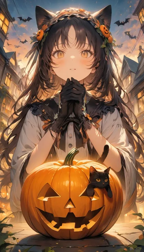 ((Highest quality)), ((masterpiece)), (detailed), 8k,Preparing for Halloween: 「A woman decorating her yard for Halloween。彼女のそばにはBlack catがいて、Sticking his face in a pumpkin。An orange sunset spreads in the background.、Bats are depicted flying in the sky。」、Co...