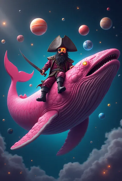 Blackbeard riding a pink whale in space with an eye patch full of planets around him 