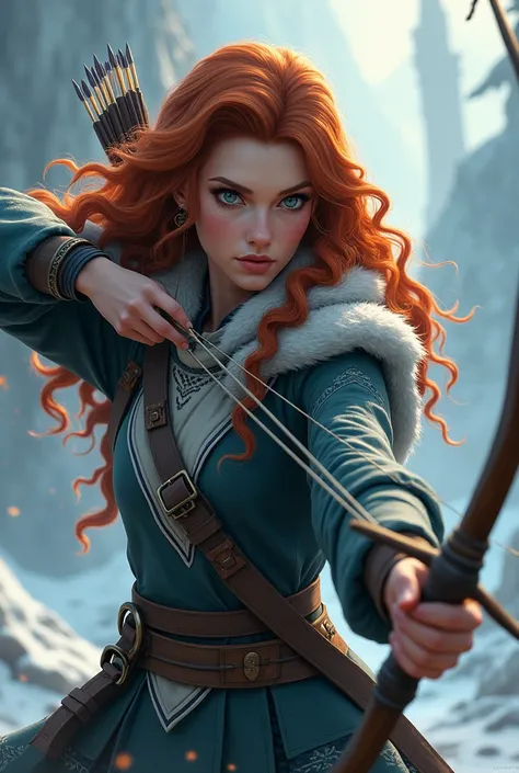 Chat make a nordic warrior (Woman) with curly hair holding a bow and arrow as if it were in the universe of avatar the legend of korra 