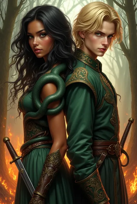 (make a book cover with two characters where she has brown skin and green eyes, black hair, He has white skin and brown eyes, blond hair. Both of them have their backs glued together where there are snakes. Let both be dressed. The same image but he is als...