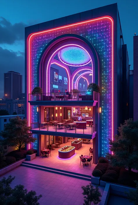 It is a two-story building that stands out at night with its vibrant facade.. The main entrance is a large arch of LED lights that constantly change color., creating a hypnotizing effect.

The exterior of the building is covered in colored lights that sync...