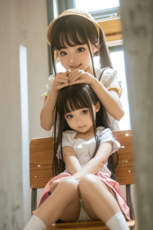 Super cute elementary school sisters,Big eyes、Highlight on eyes、Your eyes sparkle、Cheeks、smile、Shy、Embarrassed、Midsummer、hot、Being patted on the head、Facing forward、Sit down、Thighs、View here、Looking up from below、Double Peace