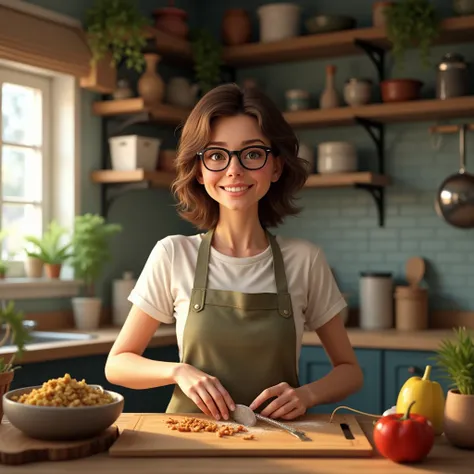 1 woman Cook, 50 years old, prescription glasses, medium brown hair, smiling. In the kitchen