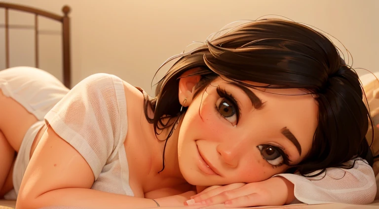 Asian girl, Big chest, detailed, Beautiful face, ,monje brooke, avarice, showing her curves and smiling, sexy, beautiful girl, light eyes,
low-cut blouses, neckline, (Lying on the bed), {{full body view}}, {{White fitted t-shirt}}, {{pajama shorts}}, {{{pi...