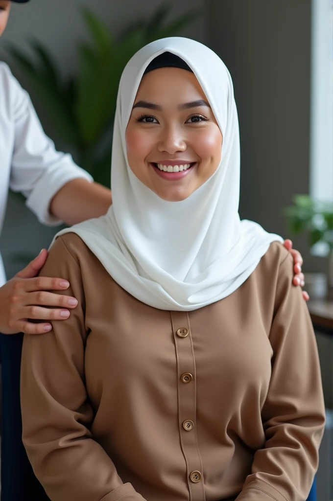 original photo of the best quality Indonesian woman in white hijab aged 40, beautiful,chubby, wearing a brown uniform, big breasts being massaged by a man

background, very realistic office space, high contrast, high color effects, real 8k focus details, a...