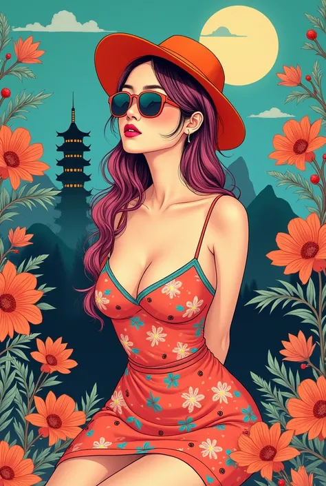 illustrated by Guo Chao style, poster design, in the style of psychedelic color schemes, hyper-detailed illustrations, 16k, a painting of a pagoda in the evening, in the style of graphic design-inspired illustrations, circular shapes detailed botanical ill...