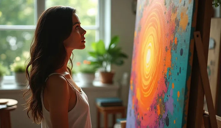 A brightly lit art studio filled with canvases and art supplies. A woman in her early 30s with long dark hair and green eyes stands captivated in front of a large, abstract painting. Her expression is one of awe and recognition, as if the artwork speaks di...