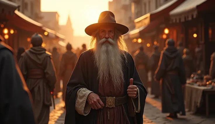 Nostradamus, walking through a Renaissance market, surrounded by tents and citizens of the time, with the sunset bathing the city in a soft, golden light, reflecting in his long white beard.