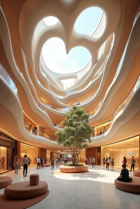 I would like you to help me create an image of an architectural design of a **Mall** whose main concept is the **heart**, represented in an abstract way. El diseño debe evocar los valores simbólicos del heart, such as **Connection, life, dynamism, fluidity...