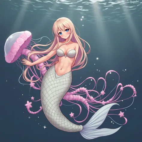 Jelly fish themed mermaid girl anime. Flowy honey blond hair that reaches waist that is very soft  Sky blue eyes Curvy hourglass body with Large Tits, Slim waise with big hips, and a Large ass. Tail consists of the head of a jelly fish with long flowy jell...