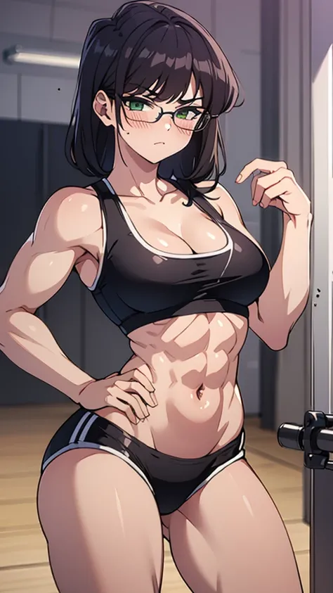 ((highres)), Masterpiece, high quality, best quality, beautiful, perfect lighting, detailed face, ultra cute face, ((1girl)), ((blush)), looking at viewer, skin dentation on legs, short black hair, green eyes, glasses, shorts, loose crop top, loose top, bo...