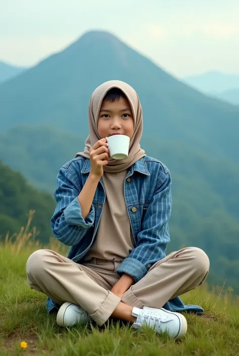 Stunning 8k portrait photo of an Indonesian girl hijab showing his slim body and blue checkered clothing, beige t-shirt. She has short spiky hair, beige cargo pants, and white sneakers. The man sat cross-legged on the top of the hill., while drinking coffe...