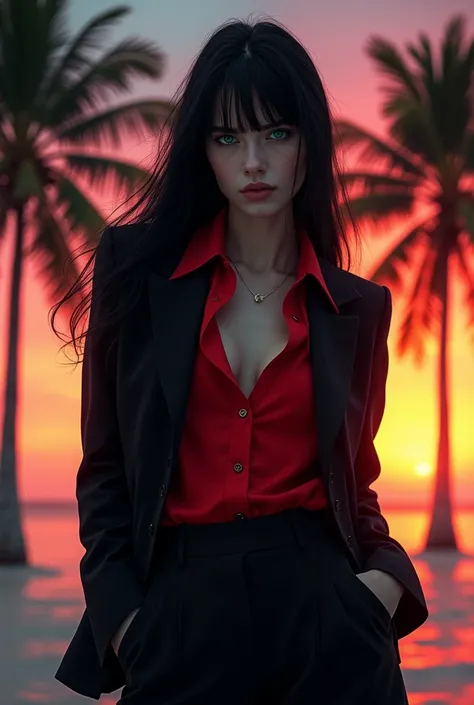 retro girl, long black hair, covering eyes, heterochromia eyes, pale skin, serious, black suit top, red dress shirt (few buttons undone), stright dress pants, Miami, sunset, palm tree, 