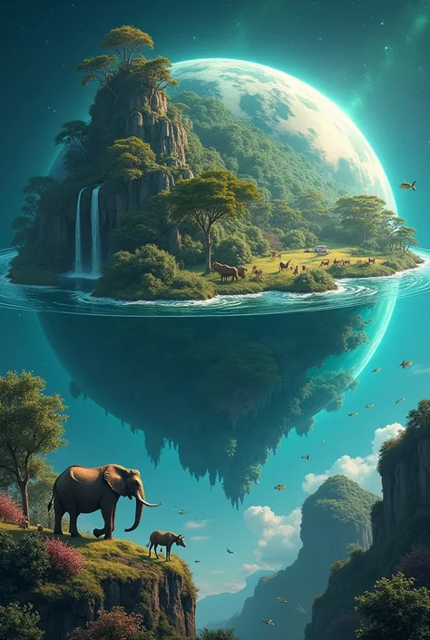 A full nature planet floating in the universe with all animals living in peace 