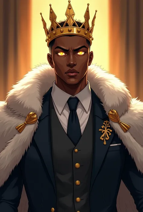 Anime Black man king with crown, suite and gold lighting eyes 
 nft