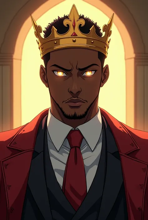 Anime Black man king with crown, suite and gold lighting eyes 
 nft