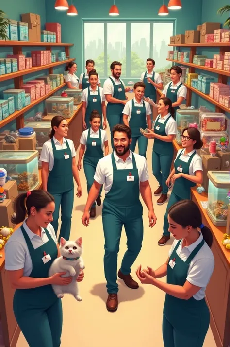 Workers in a pet store who are four men and nine women