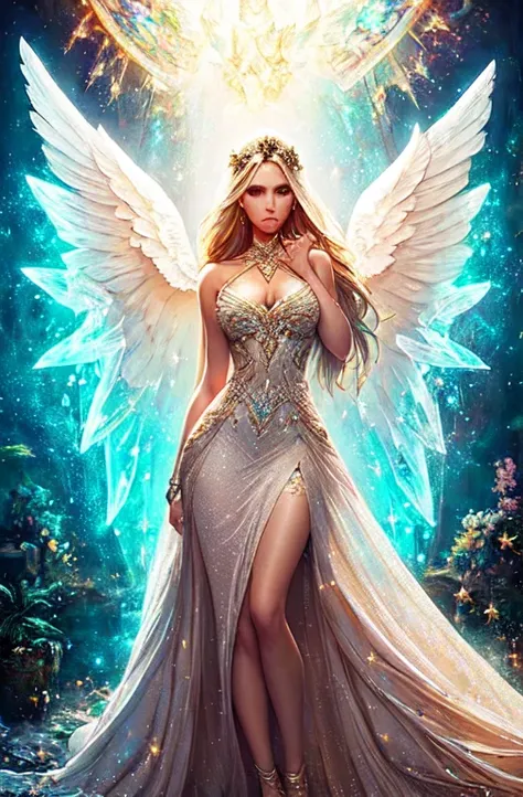 full body (((angel goddess)))，Delicate face, looking at camera, (Claire Holt)，The face of Eros, braided hair, handsome, glowing mosaic background，sparkling diamonds, glow，(bridal dress) ,Taller, cut colors，The Arthur effect, (white dress), divine beauty, (...