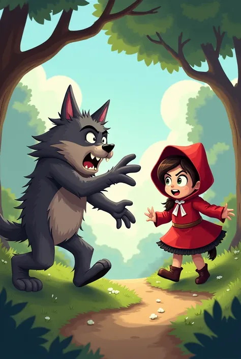 The Big Bad Wolf,scared,is followed by Little Red Riding Hood dressed vainly ,funny cartoon 