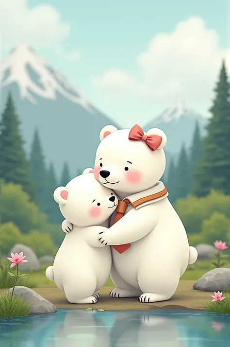 Create an image of two cute white bears hugging each other in a beautiful landscape. A smaller bear, with a pink bow and a bigger bear with a tie. Remembering, they both must be cute.