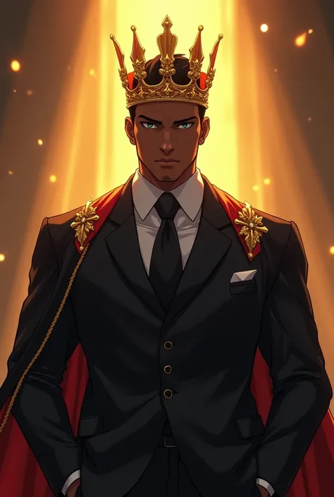 Anime Black man king with crown, suite, gold lighting eyes and gold and black background 
 nft