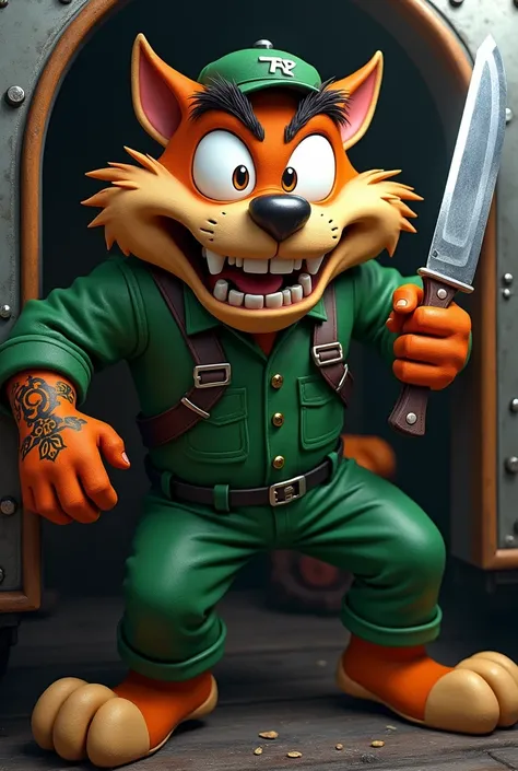 Character Taz mania, in green clothes looking like a uniform, is out of a locomotive, is wired with a large knife, smiling and tattooed 