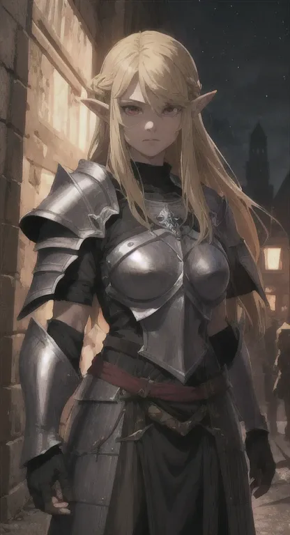 Ancient Hylian, very large Devine knight, Hylia, blonde, red eyes, glaring at viewer, ancient Devine armor, long messy hair, ancient Hyrule, medieval Town, night, dark,